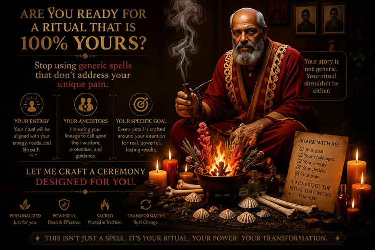 Louis Voodoo Priest preparing a custom ritual with candles and herbs